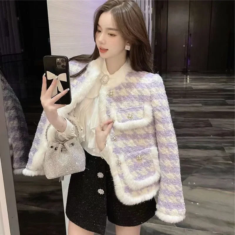 Women's Water Mink Tweed Style Jacket 2023 Autumn Winter Thousand Birds Purple Lanolin Socialite Thickened Padded Wool Coat