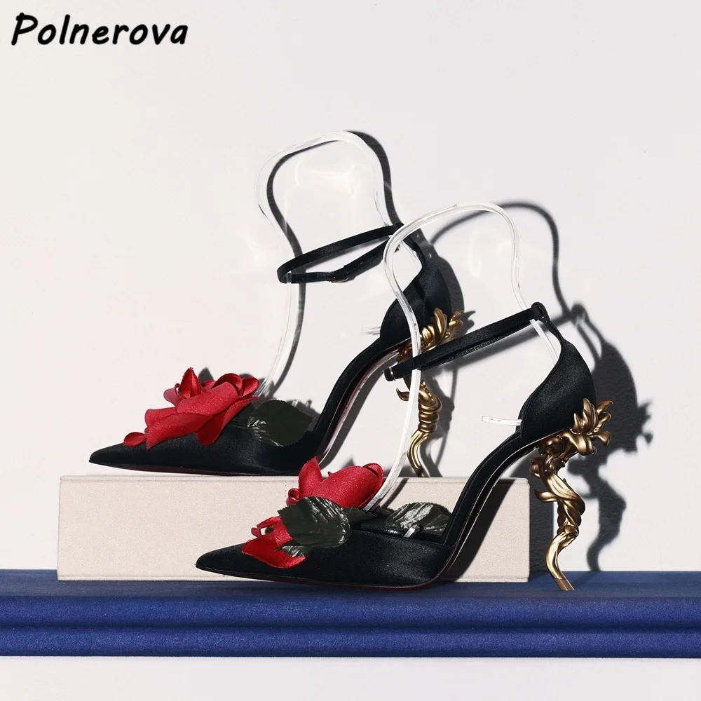 Flower Stem Heels Rose Sandals Sexy Pointy Toe Flower White Red Thin Heels Women's Shoes Fashion Summer Elegant Stiletto Shoes - view 2