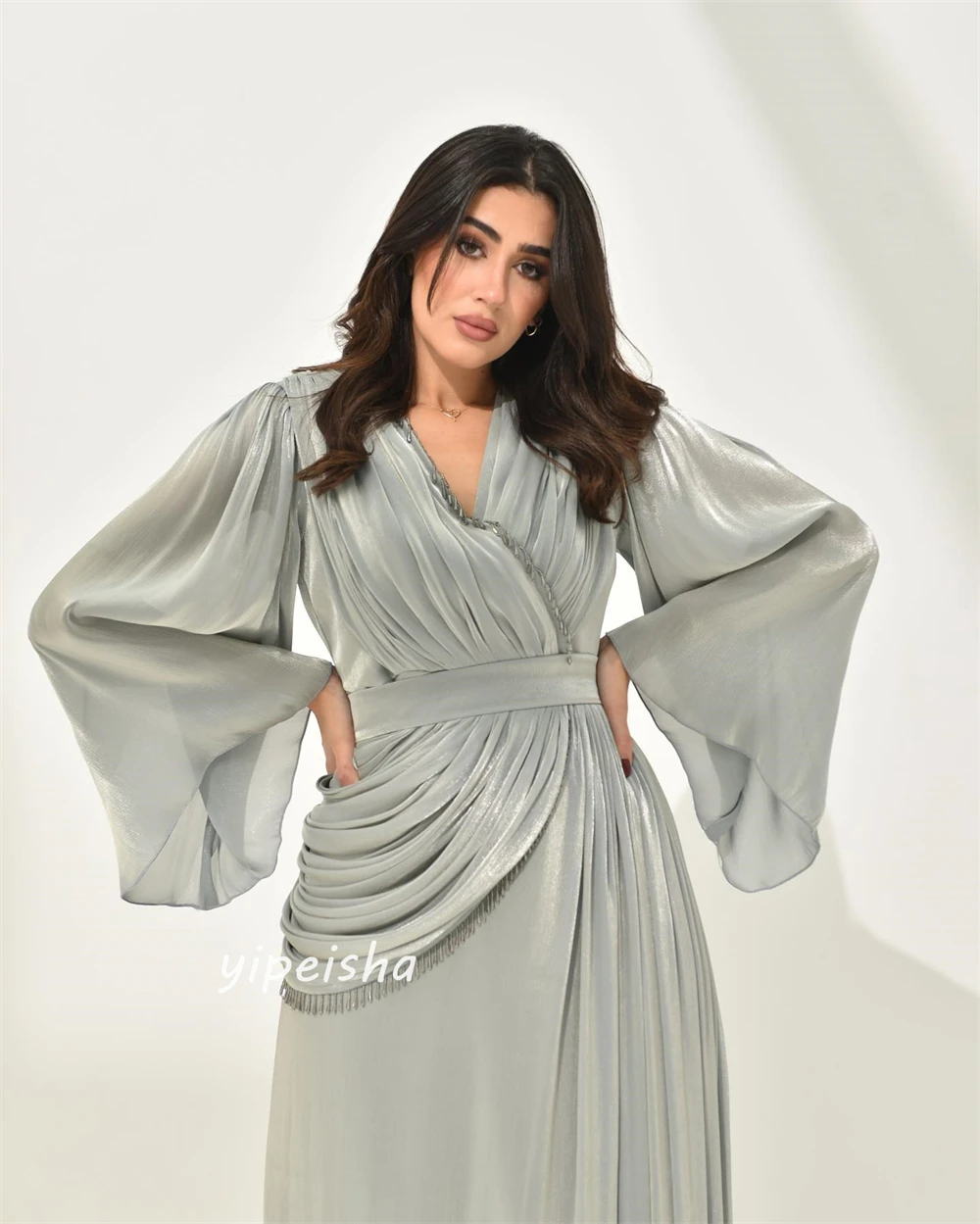 Yipeisha-Robe de Soirée Personnalisée en Mousseline de Soie, Tenue Simple, Style Moderne, Col en V, Ligne A, Plissée, Perles, sur Mesure