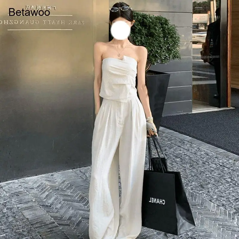 Women White Two Piece Outfit Strapless Ruched Tube Top and High Waist Wide Leg Pants Casual Streetwear Set