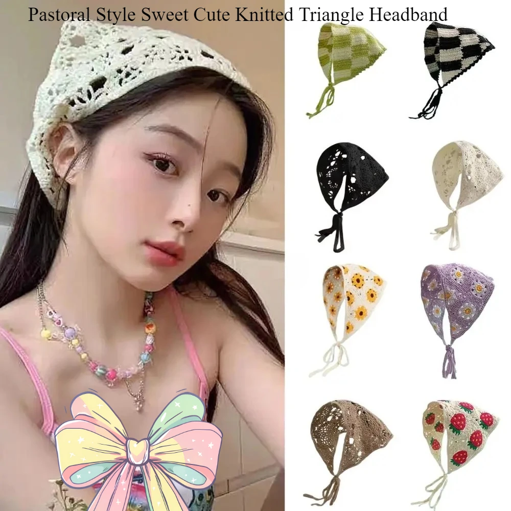 

Sweet Pastoral Style Triangle Headband Handmade Crochet Flower Strawberry Headscarf High-quality Korean Style Headband 도매