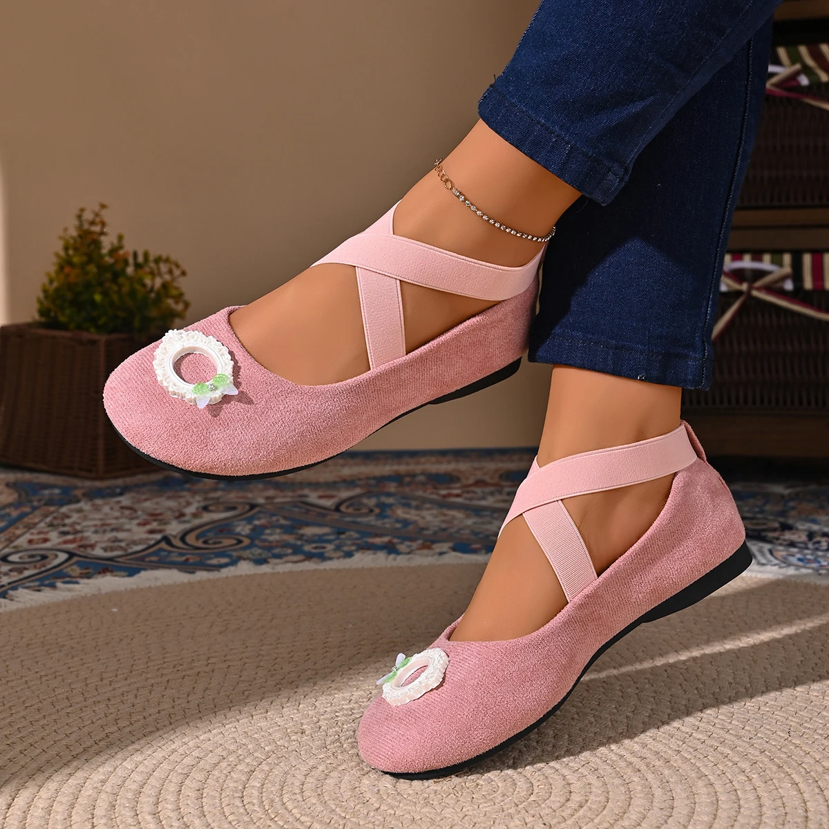 Gentle and Fresh Style Mary Jane Flat Shoes with Floral Embellishments, Elastic Ankle Wrap, Non-Slip Soft Sole, All-Day Wear Women's Shoes