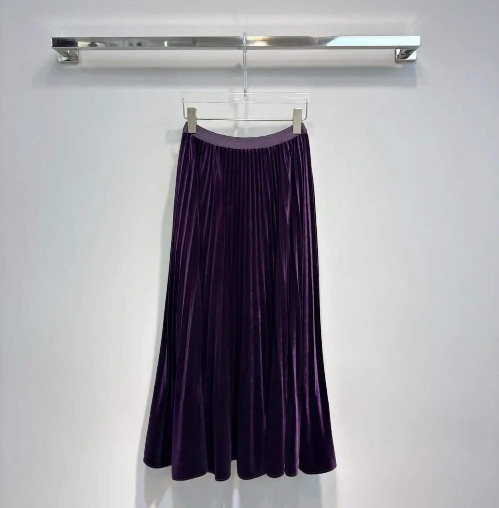 【size36】aere_velvet skirt French Retro Solid Velvet Elegant Versatile Slim Pleated Half