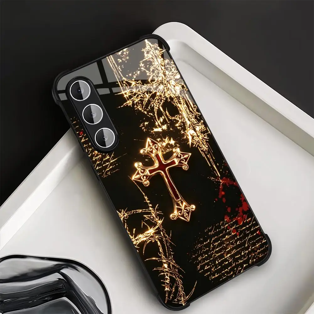 Gothic Golden Thorn Cross TPU HD glass phone case for Samsung Galaxy S26 S25 S24 S23 S22 S21FE,Ultra,Plus Super-strong protectio