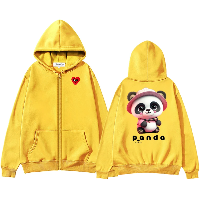 Pink Cute Panda Cartoon Printing Men Women Zipper Hoodie Polyester Red Glasses Heart Embroidery Pocket Loose Thin Autumn Sweater