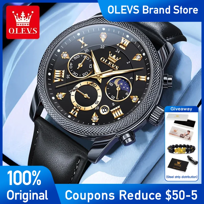 

OLEVS Mens Watch Brand Quartz Watch Leather Strap Waterproof Luminous Moon Phase calendar Men's Wristwatch Top Brand Reloj