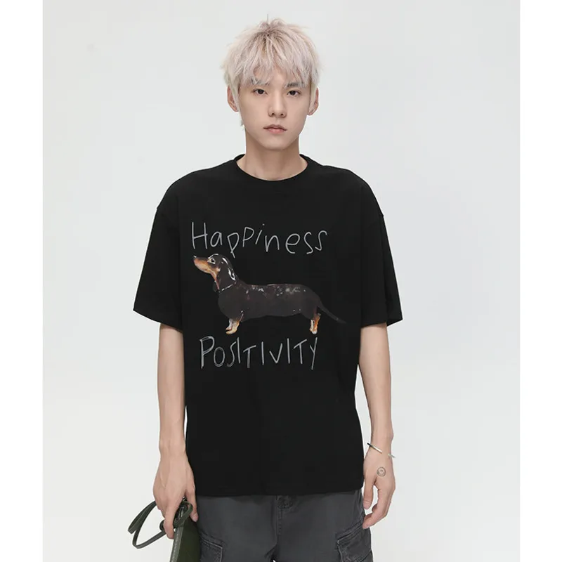 

SYUHGFA New 2025 Summer Men's T-shirts Round Collar Dog Printing Contrast Color Casual Tees Short Sleeved Loose Male Tops Tide