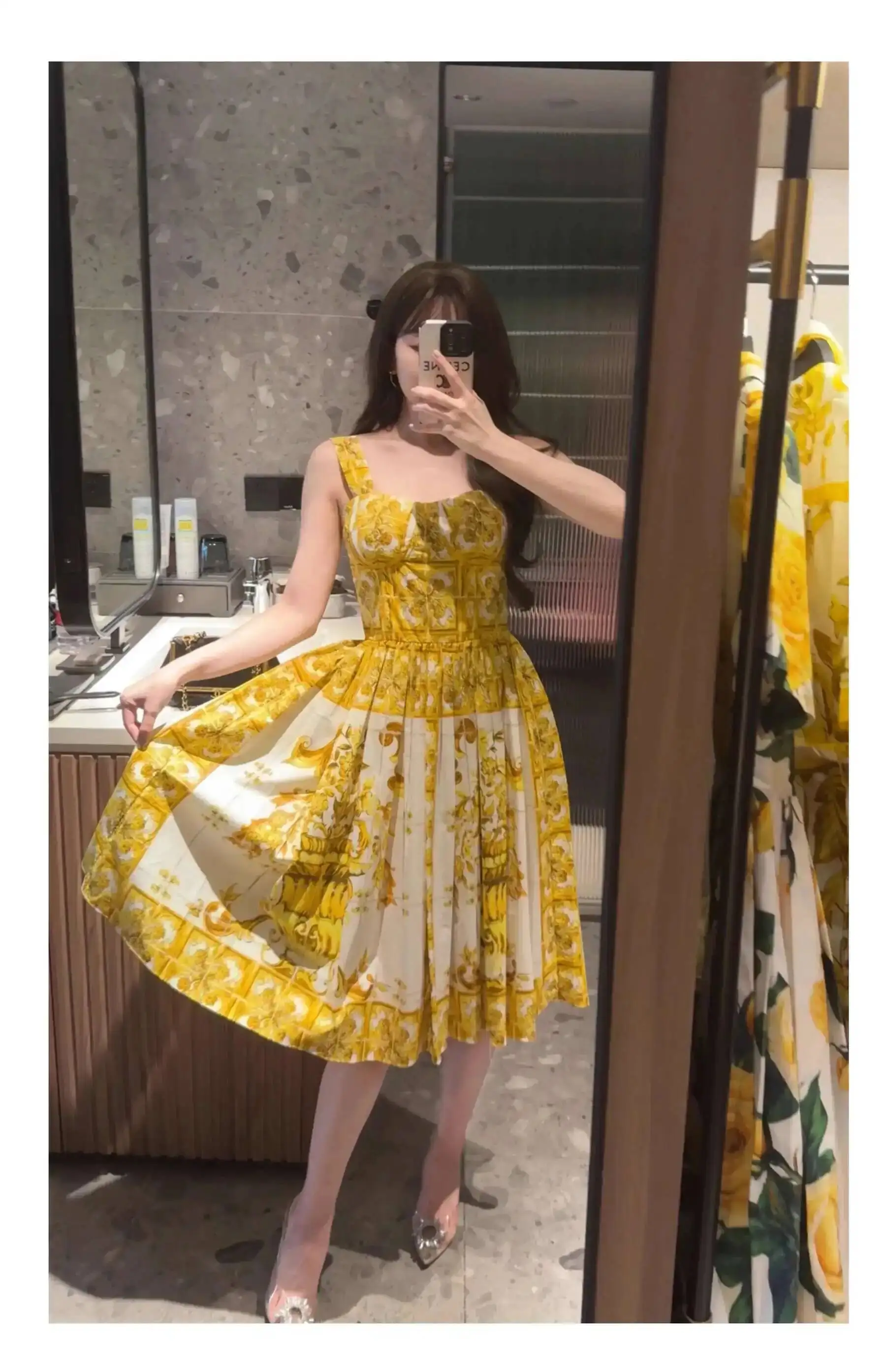 Summer Holiday Yellow Print Midi Beach Dress Women Spaghetti Strap Elastic Backless Red White Porcelain Flower Sundress