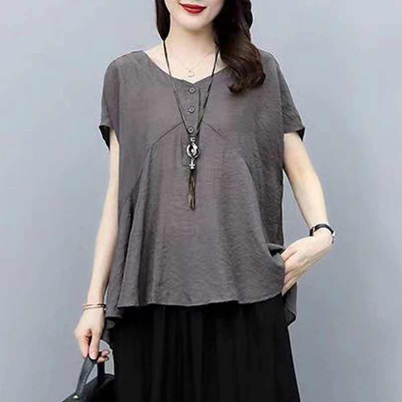 Women Clothing Ruffled Vintage Japanese Simple Casual Oversize Blouses Solid Short Sleeve Asymmetrical Shirts Female Street Tops