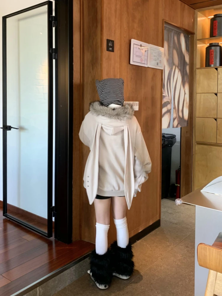 

Subculture Rabbit's Ear Faux Fur Floral Outwear Button Pocket Kawaill Long Sleeve Casual Zipper Pure Color Print Pattern Coat