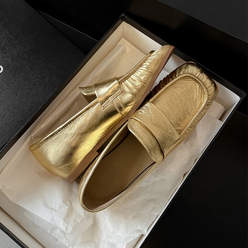 Loafers Women Square Toe 2026 New Natural Genuine Leather Ladies Shoes Slip-on Vintage Pleated Classic Spring Flats Shoes Female
