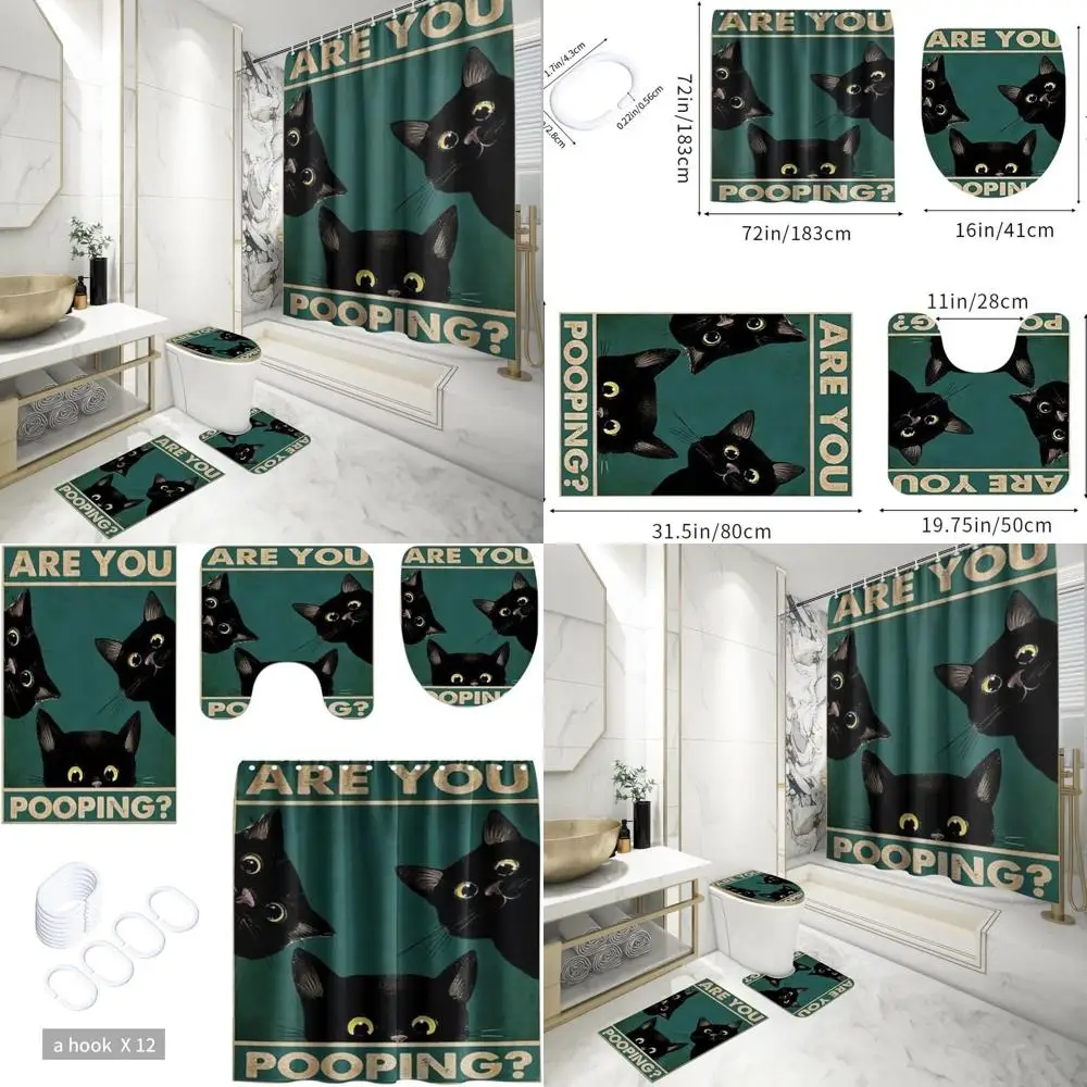 

Black Cat Shower Curtain Set with Rugs, Toilet Lid Cover, Bath Mat, Waterproof Animal Print Bathroom Decor Accessories with 12 H