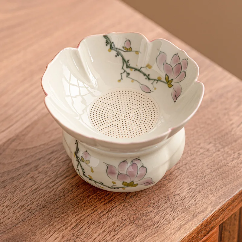 

Hand-painted Ceramic Tea Strainer with Magnolia Flower Tea Leaf Filter Set Home & Office Kung Fu Tea Set