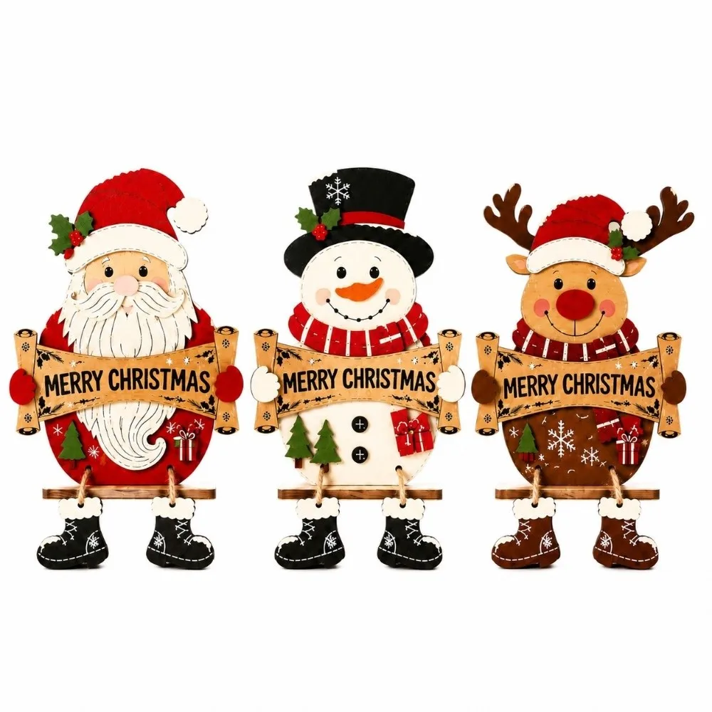 2D Flat Wooden Christmas Ornaments Delicate Festive Printing Lightweight Solid Wood Wall Hanging Decor Two Display Ways