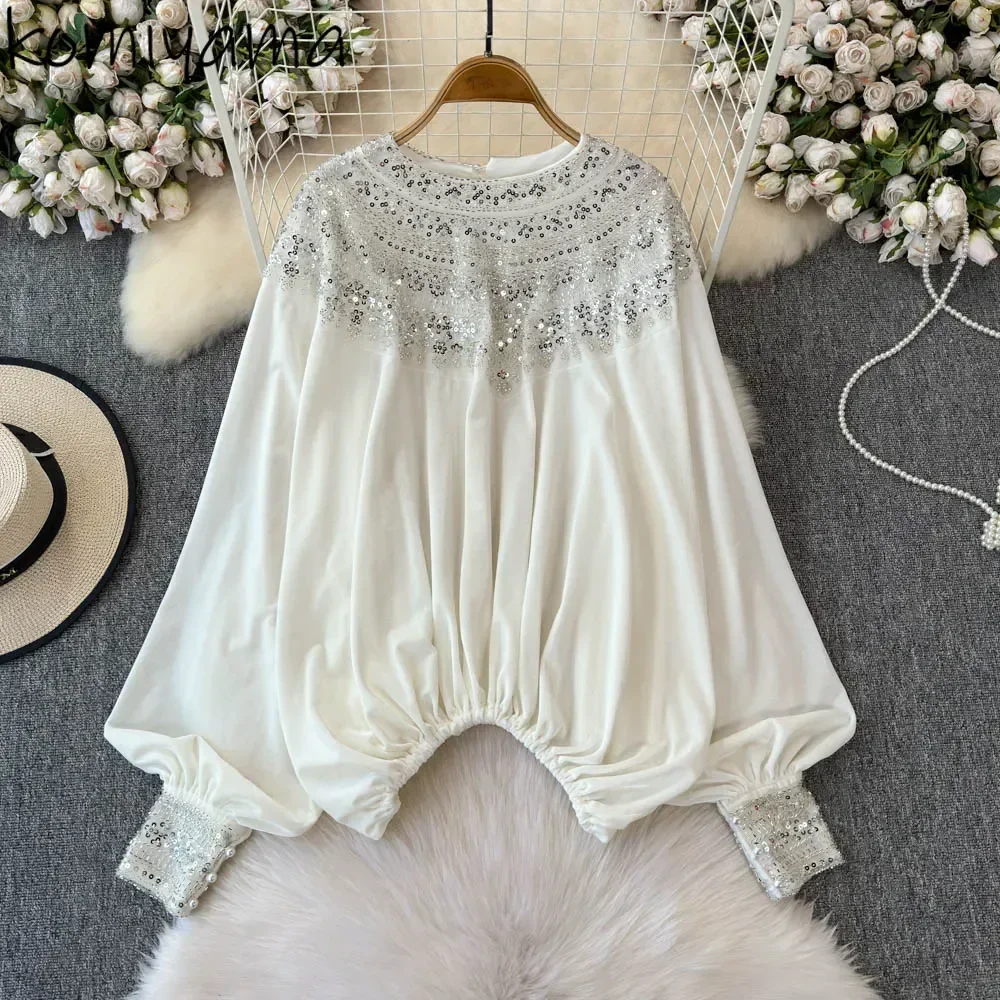 

Sequin Blusas Mujer Loose Round Neck Shirts & Blouses Long Sleeves Camisas 2025 Spring Women Clothing Velourropa