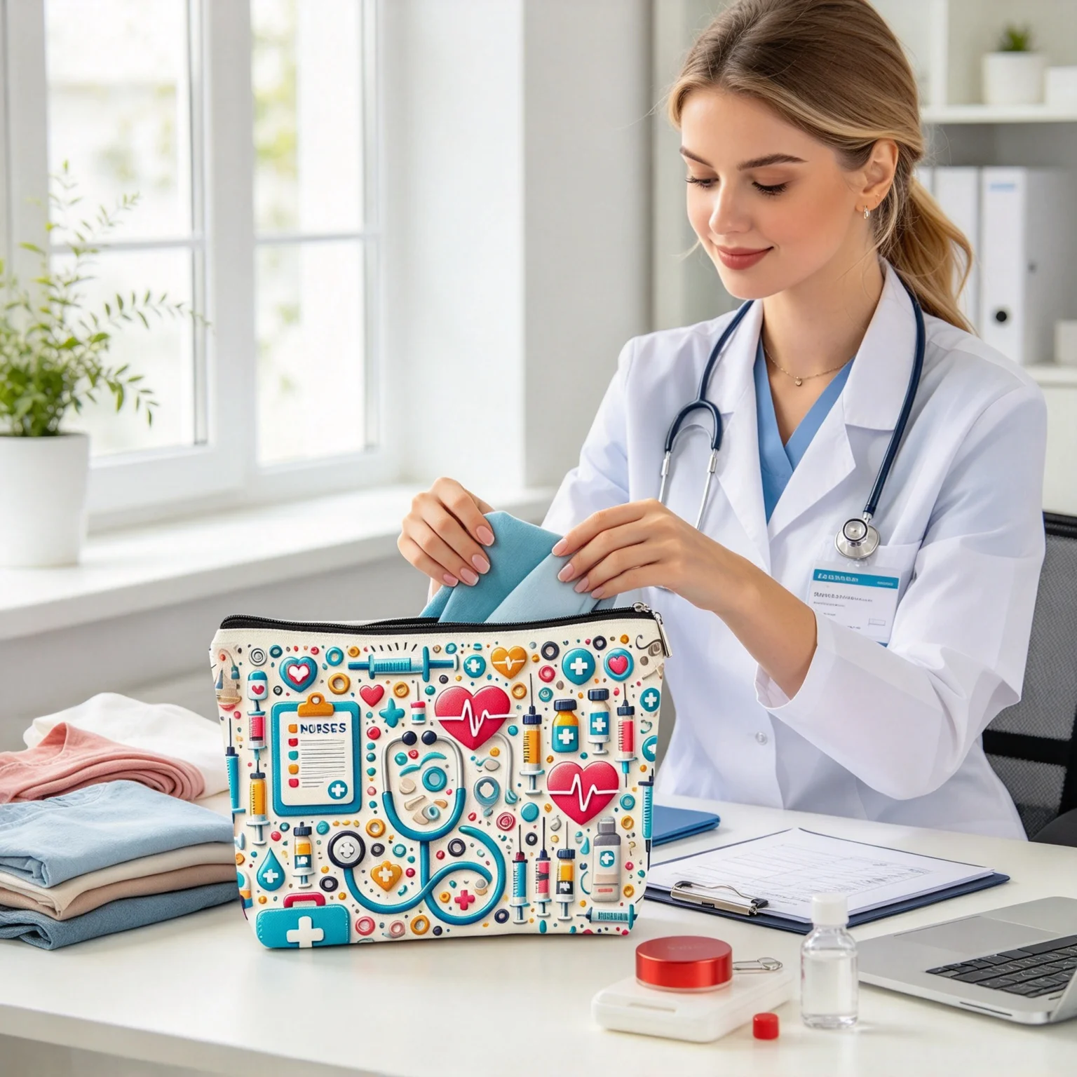 Nurse Themed Zipper Pouch, Medical Print Makeup Bag, Stethoscope Heart ECG Pattern Storage Bag, Gift for Nurse Healthcare Worker