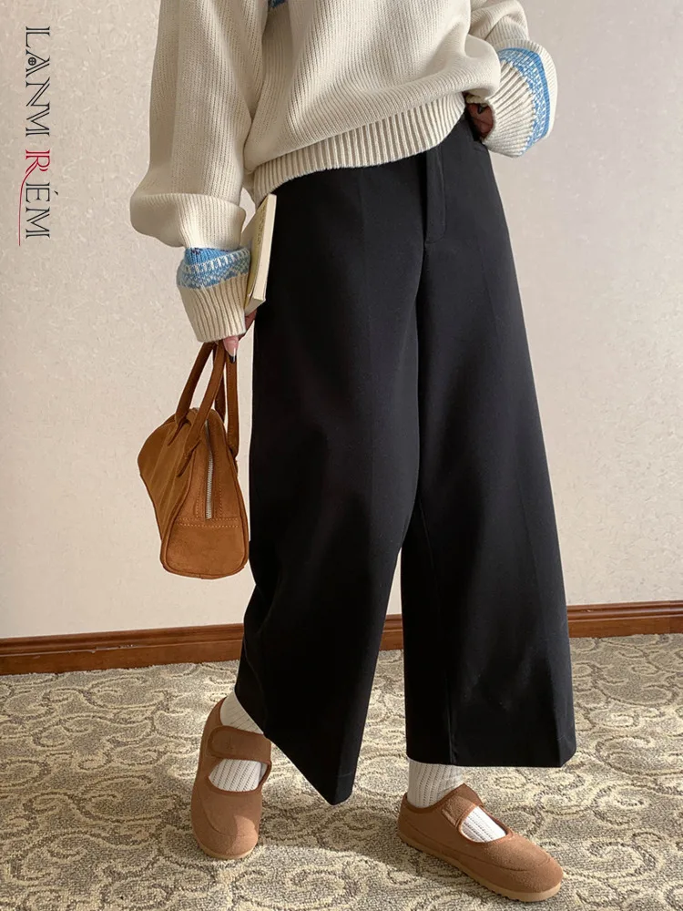 [LANMREM] Office Lady Wool Pants For Women High Waist Straight Wide Leg Trousers Female Fashion Clothes 2025 Spring New 26C1724