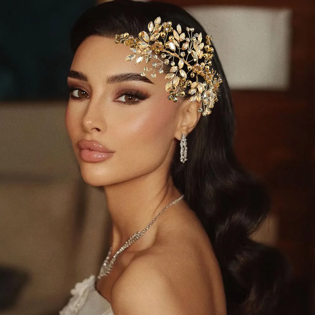 

DZ276 Women's Champagne Rhinestones Crystal Large Headband Hair Vine Handmade Bridal Headband Wedding Hair Accessories for Bride