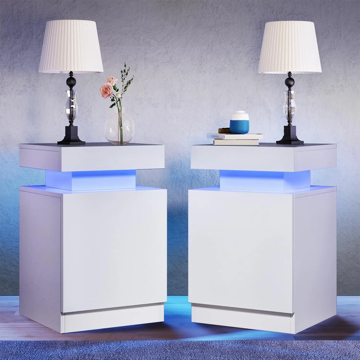 Nightstand Set of 2 with LED Lights,Night Stand with Storage Cabinet for Bedroom,Bedside Table with LED, White