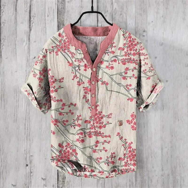 New 100% linen trendy printed V-neck short-sleeved shirt fashionable casual loose T-shirt bamboo linen shirt top