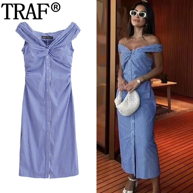 TRAF Blue Striped Midi Dress Woman Knot Off Shoulder Long Dresses Women Summer Button Shirt Dress Ruched Elegant Party Dresses