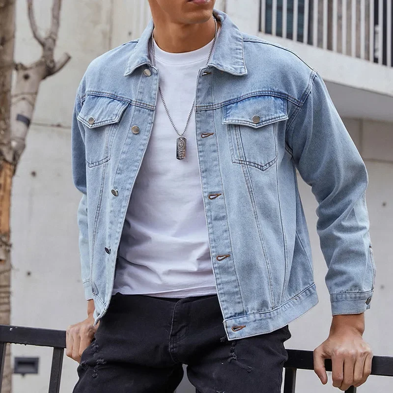 

Autumn Long Sleeve Solid Color Denim Jackets Men Clothing 2024 Slim Lapel Collar Buttoned Jeans Outwear High Street Men's Coats