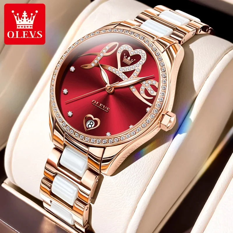 

OLEVS 6686 LOVE Dial Automatic Mechanical Watch Women Ceramic Steel Strap Elegant Woman Watches Date Waterproof Hand Clock