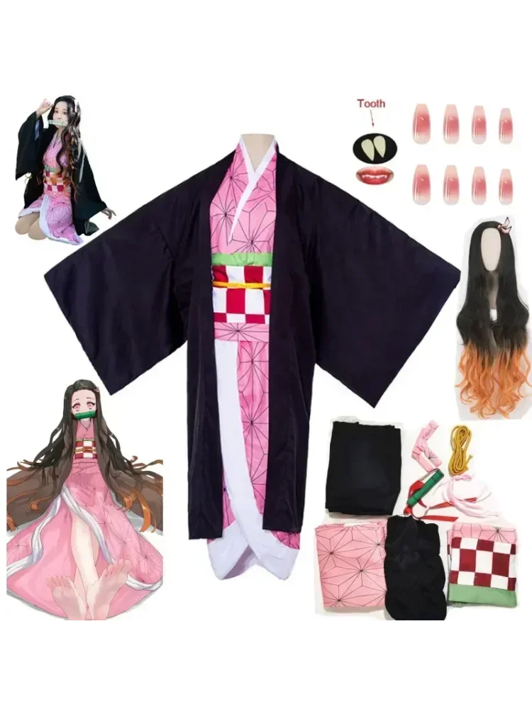 Kamado Nezuko Anime Cosplay Costume, Kimono, Kimetsu No Yaiba, Perruque, Uniforme, Hallween, Femmes, Enfants