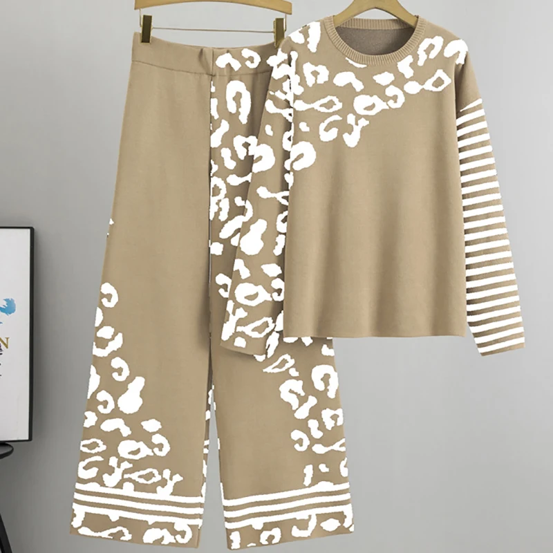 

Леопардовый дизайн, вязаный комплект из 2 предметов, женский трикотаж с круглым вырезом, свитер, пуловер, модные топы, широкие брюки с высокой талией, ансамбли