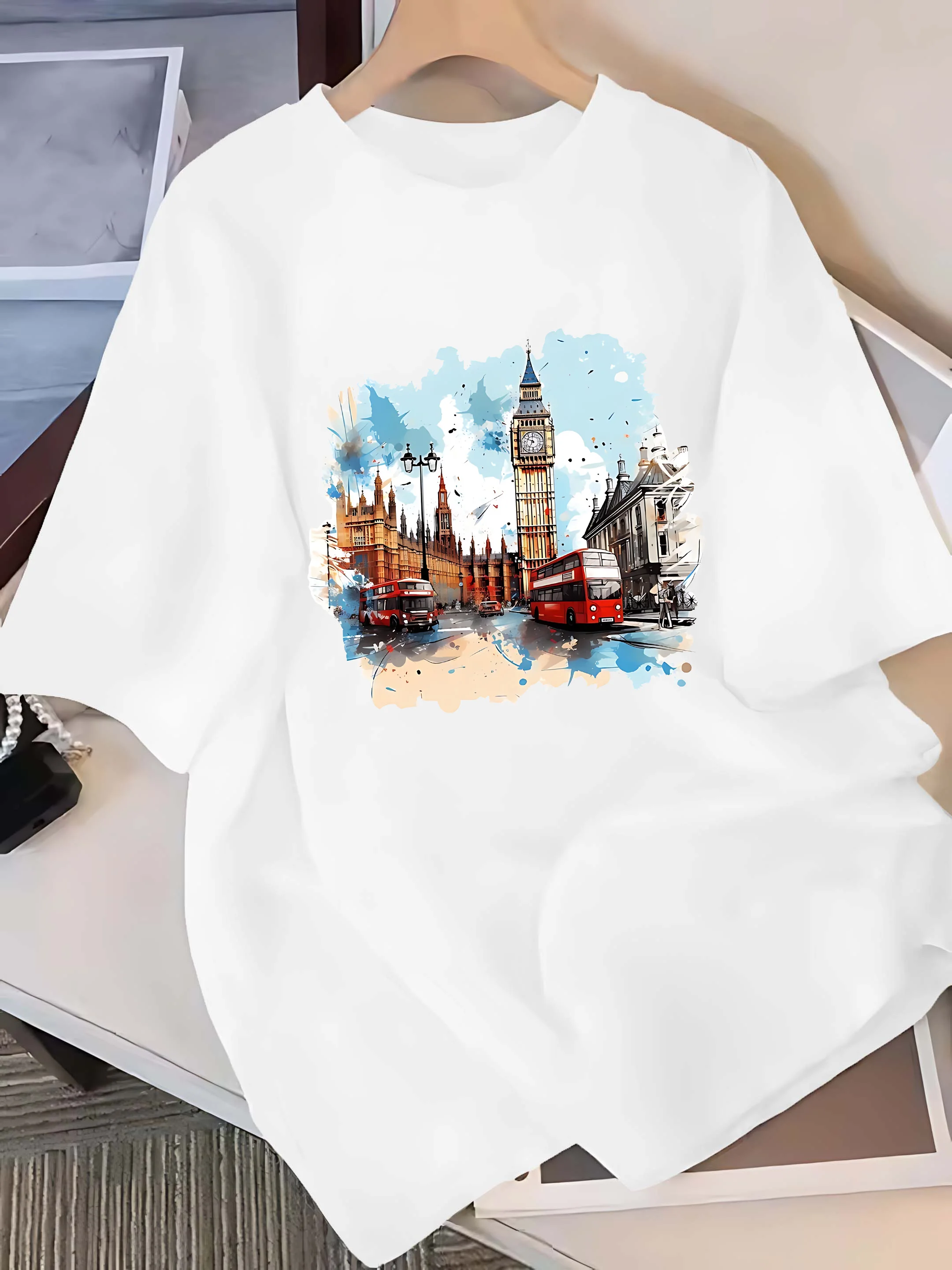 

Plus - Size Six Colour Short - Sleeve Tee: London Big Ben Watercolor Graphic