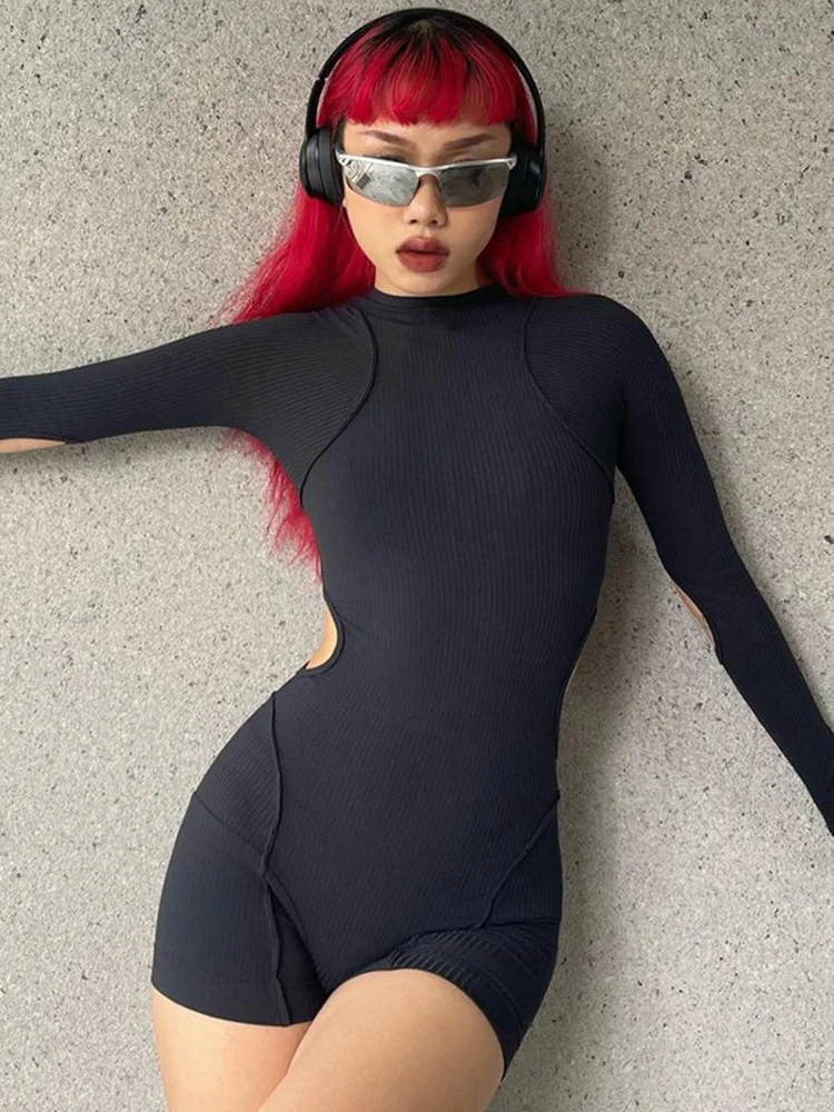 أزياء الصيف ضئيلة بلون Playsuit قطعة واحدة عارضة جولة الرقبة أكمام المرأة مثير جوفاء الربط النساء الملابس #1