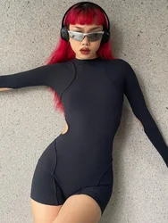 Summer Fashion Slim Solid Colour Playsuit One Piece Casual Round Neck Sleeveless Women's Sexy Hollow Splicing Women Clothing