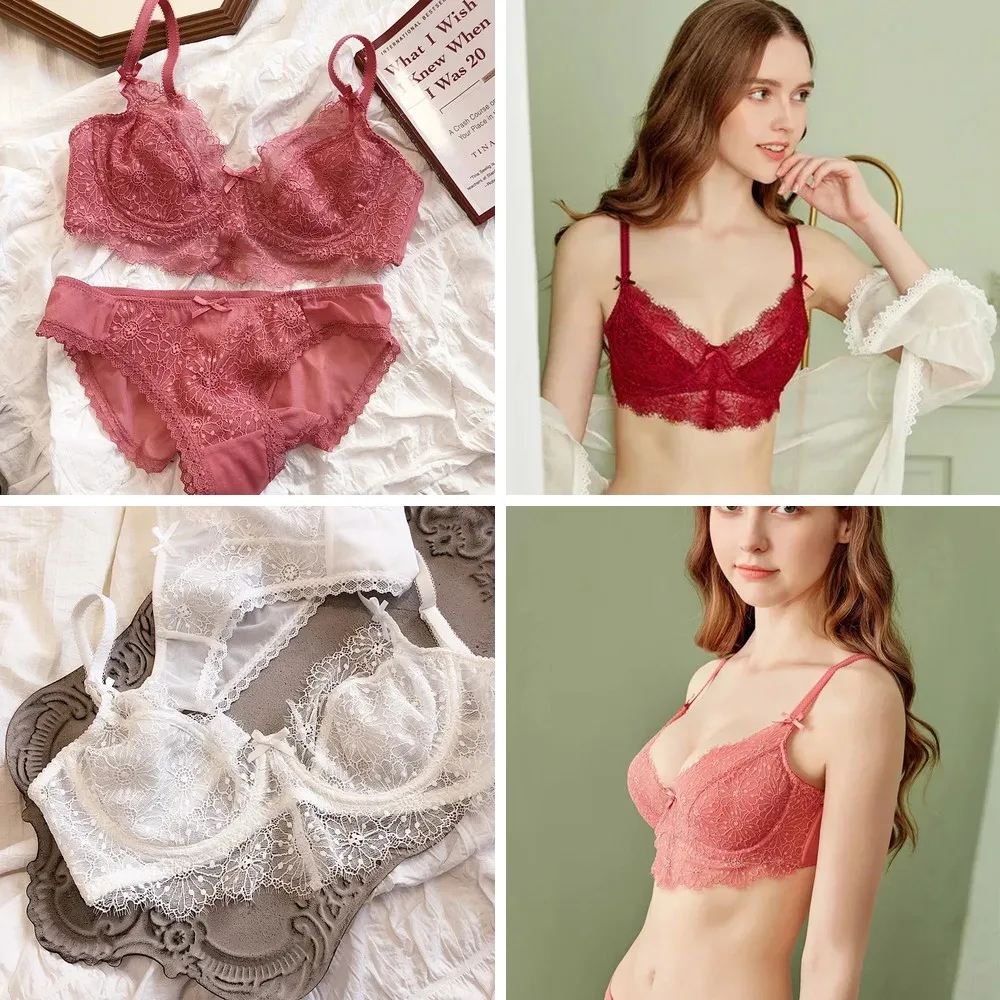 

Sexy Lace Bralette & Briefs Set, Floral Embroidery with Steel Ring, Romantic Daisy Underwear