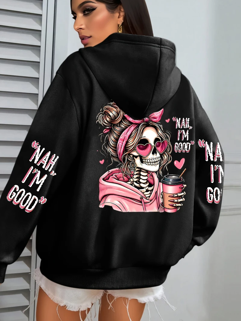 I'm Good Coffee Skull Lustiger Druck Damen-Hoodie, lockerer Jogging-Pullover, Fleece, Herbst-Sportbekleidung, lässiger Y2K-Unisex-Hoodie – Detail 11