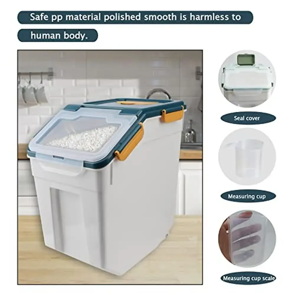 حاوية تخزين الحبوب 25 رطل سلة أرز محكمة الغلق مع عجلات قفل الختم غطاء تخزين أغذية الحيوانات الأليفة خالية من مادة BPA مع مغرفة كوب قياس