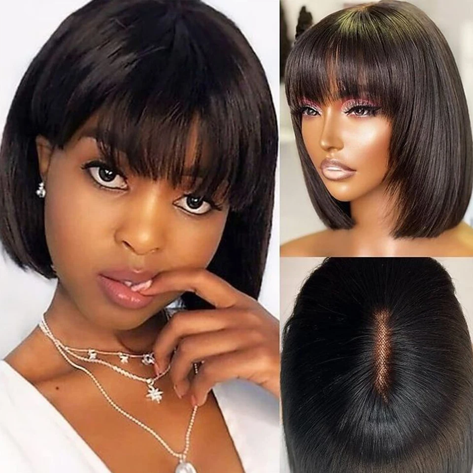 

Brazilian Straight Bob Human Hair Lace Wig With Bangs Glueless Lace Wigs With Fringe Middle Part Bob Lace Wigs Realistic Scalp
