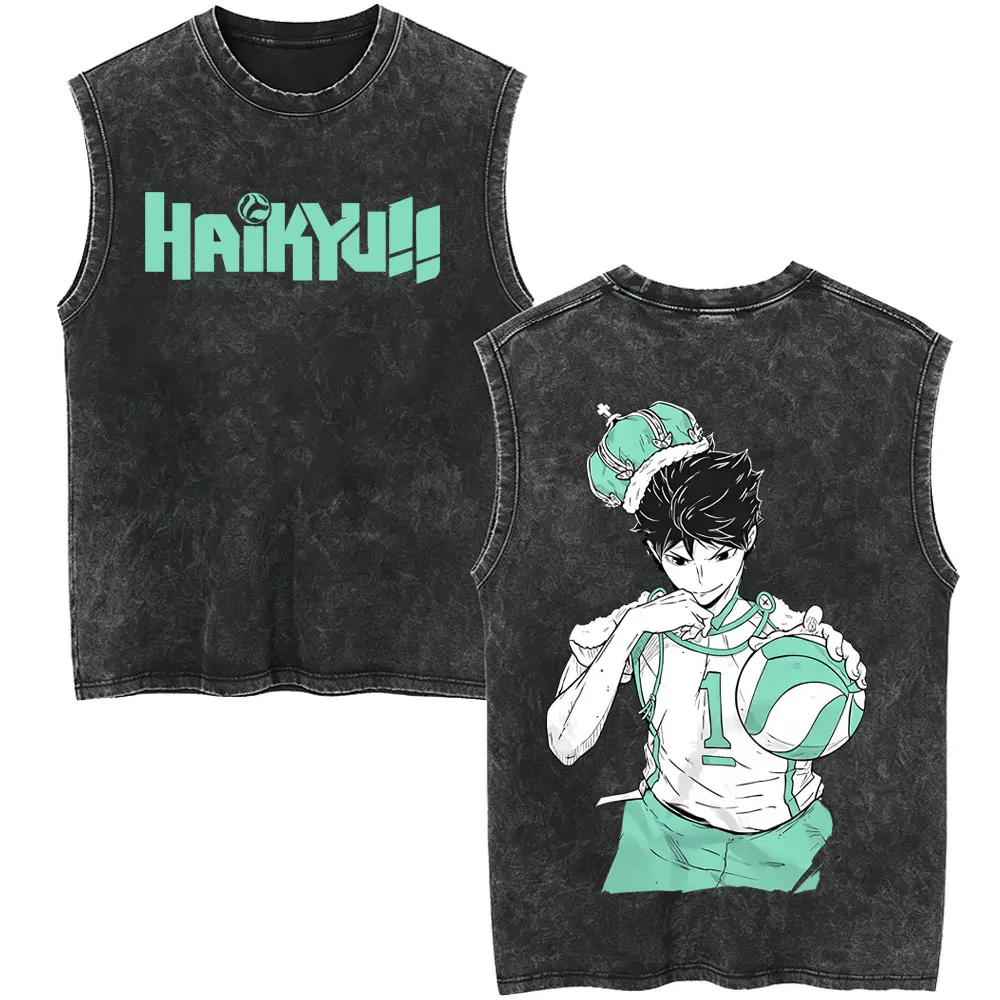 Anime Haikyuu Hinata Shoyo Tobio Kageyama Vintage Washed Tank Tops Men Women Casual Sleeveless Vest Unisex Manga Cotton T-shirt