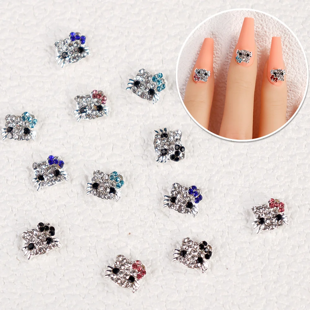 Cute Cartoon Cat Nail Art Charm, 3D Alloy Metal, Small Cat Head, Nail Decoration, DIY Artesanato Acessórios, Novo, 10pcs