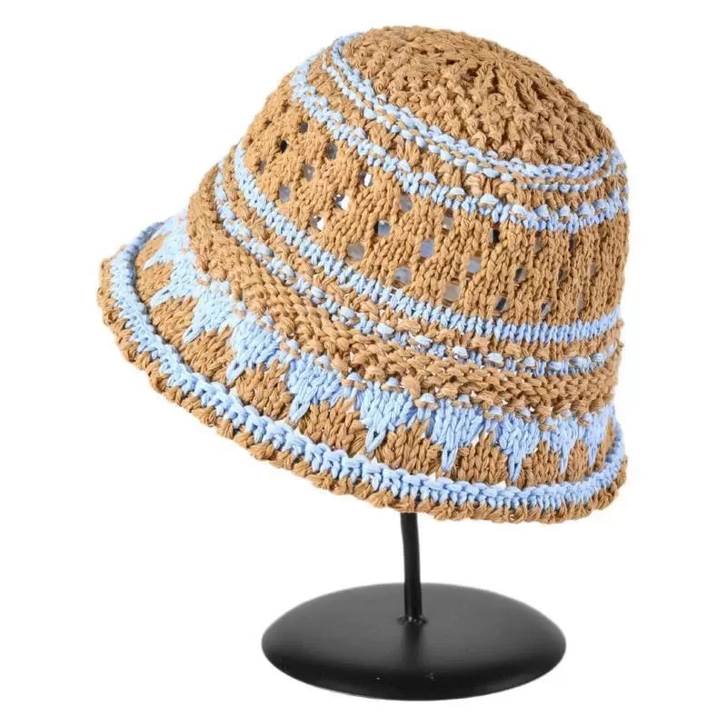 Woven Bucket Hat for Women Summer Versatile Niche Design Color-Blocked Fisherman Hat Hollow-Out Sun Protection Hat