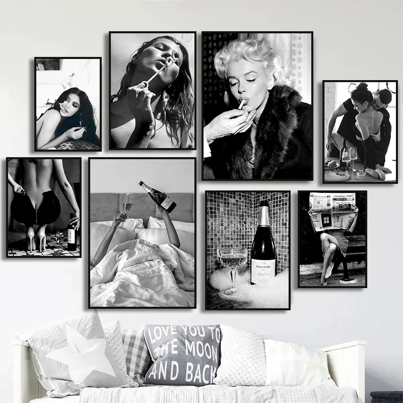 Black and White Sexy Woman Drinking Champagne Smoking Eat Pasta Poster Vintage Photography Picture Canvas Paintings Home Decor