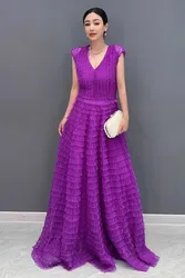 Summer New Elegant Purple Loose Long Dresses For Women Fashion V Neck Sleeveless Dress Female Wholesale