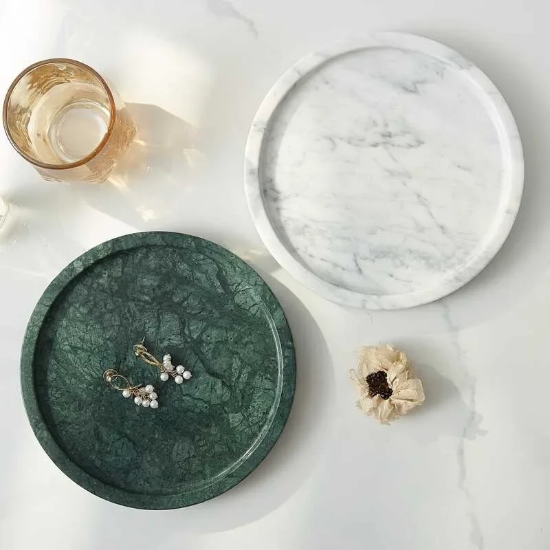 Natural Emerald Green Marble Tray - Round Coffee Table Storage Box, Living Room Home Decorative Ornament for Daily Use & Display