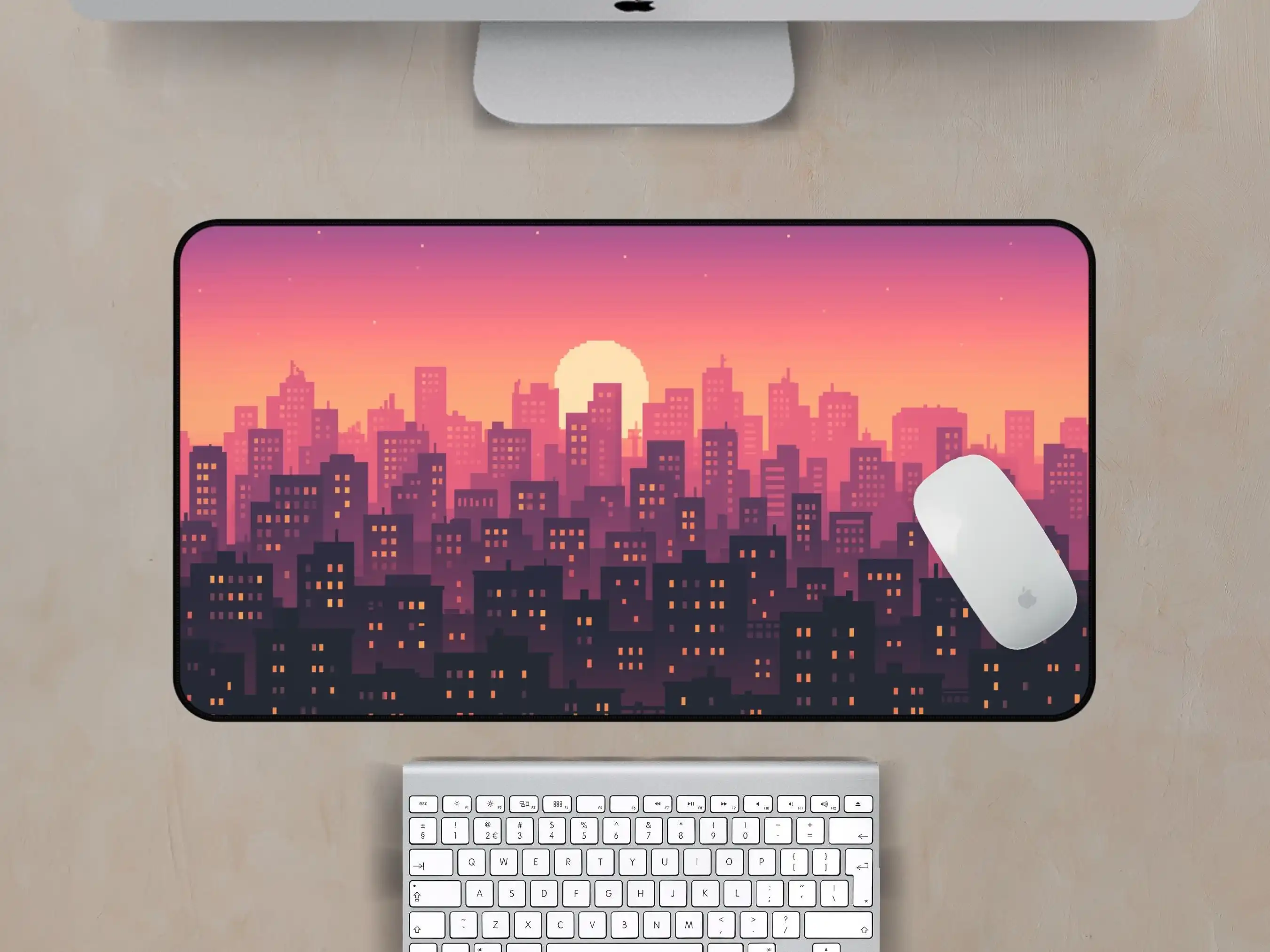 Tapis de bureau de ville, tapis de bureau de coucher de soleil de pixels de faible fidélité, tapis de souris d'horizon d'art de pixel de dégradé chaud, tapis de bureau de pixel, tapis de bureau d'art de pixels