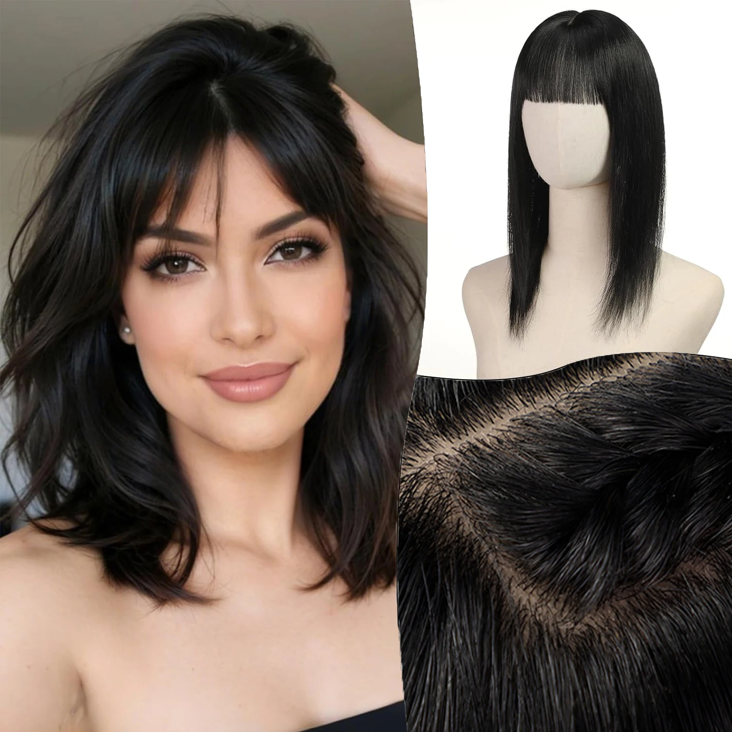

Black Human Hair Toppers with Bangs 16 inches for Women 100% Remy Human Hair with Multiple Non-slip Clips and Large-area Base