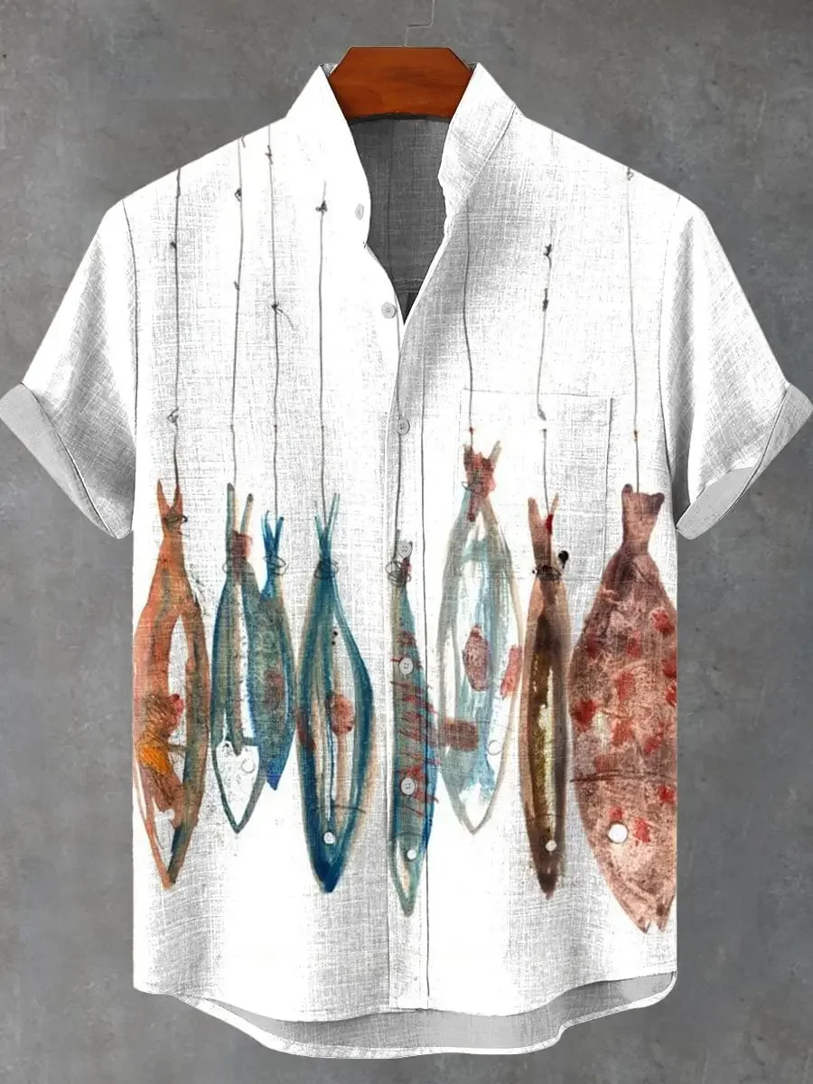 Men's New Fishing Enthusiast Clothing Elegant Fish Print Summer Short Sleeved Shirt Linen Comfortable Fabric Button Top