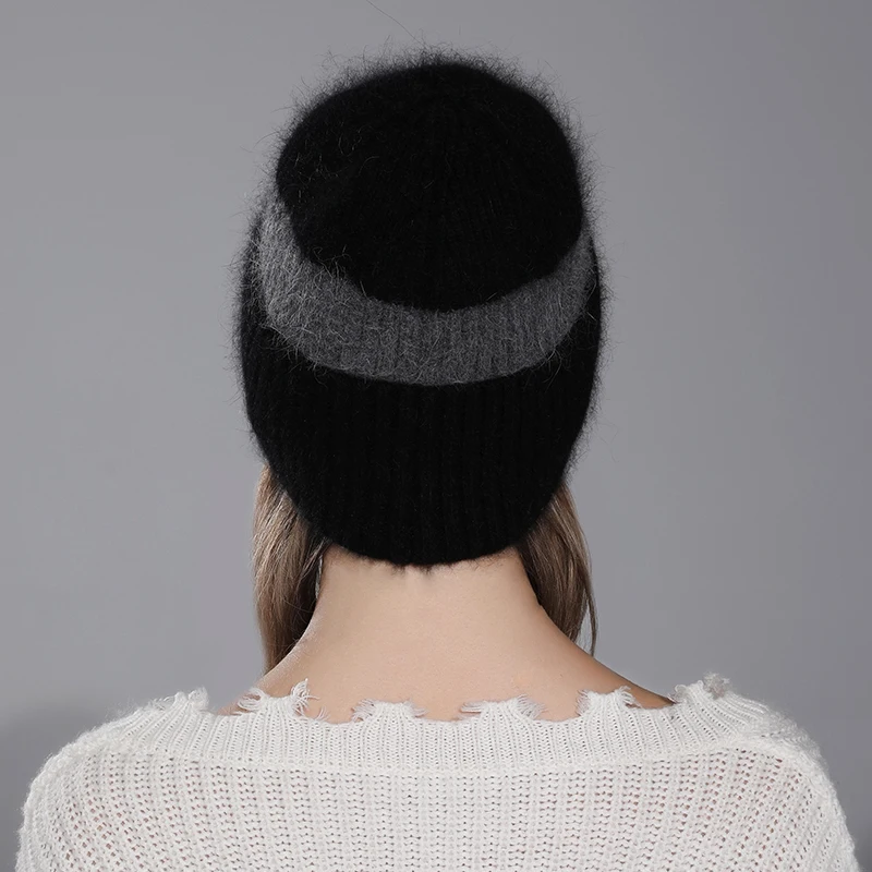 CNTANG New Winter Beanies Two-color Angora Rabbit Fur Hat For Women Warm Knitted Fashion Female Hats High Quality Luxury Cap