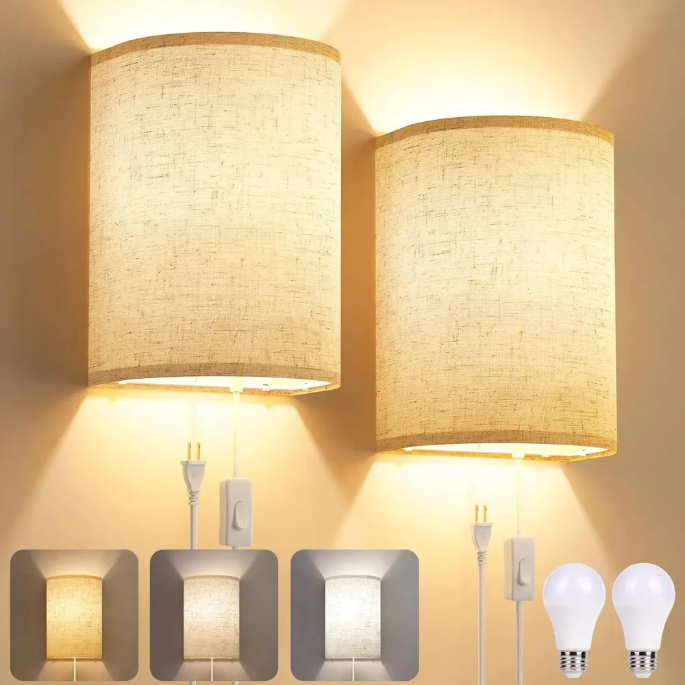 Two-Piece Linen Fabric Plug-In Wall Lamp Set with On/Off Switch Stepped Color Temperature for Indoor Bedroom And Living Room Lig