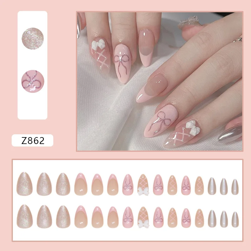 24pcs Ins Sweet False Nails White Bow Design Pink French Press on Nails Wearable Detachable Almond Fake Nail Tips For Girls