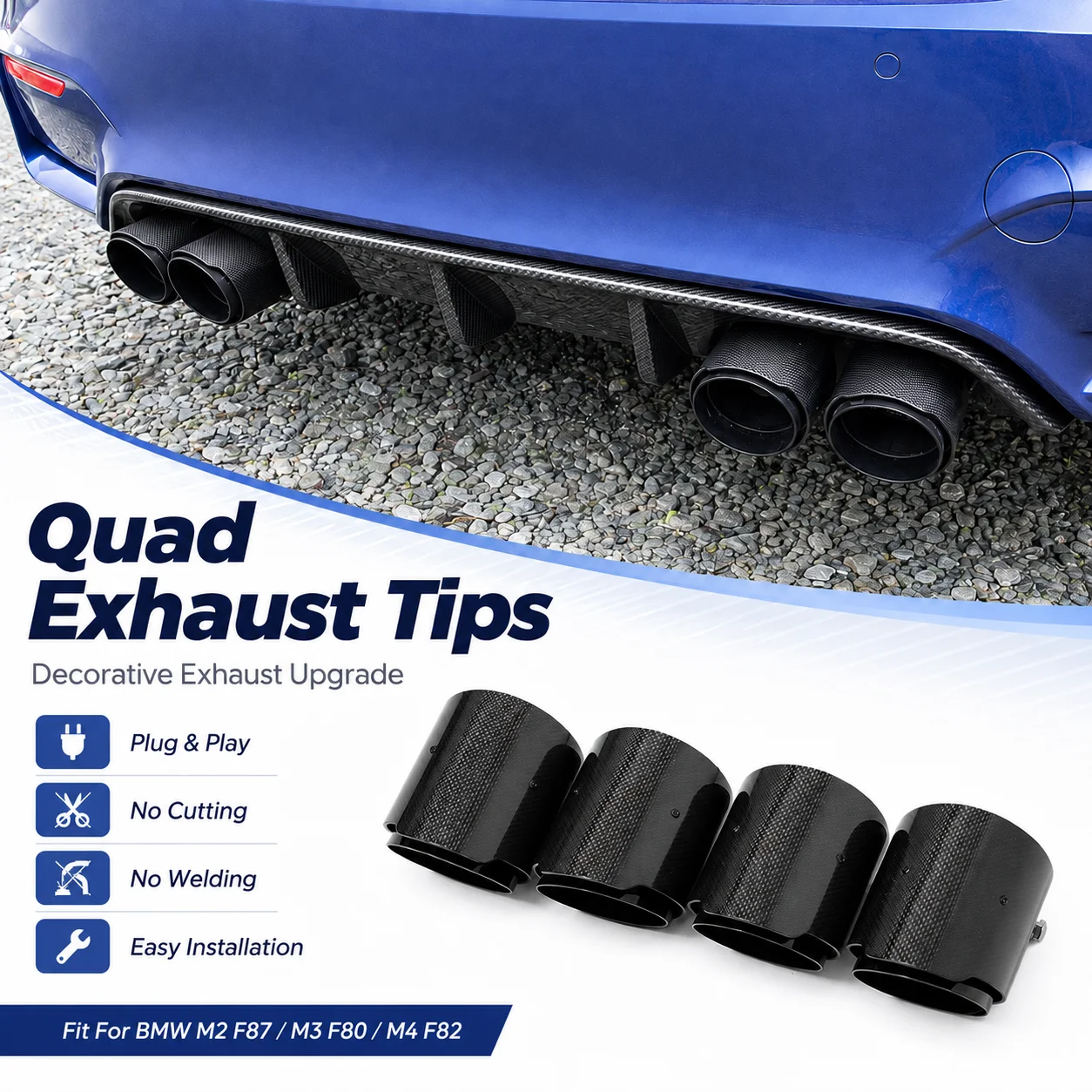 4x Carbon Fiber Car Exhaust Tip 70mm In 89mm Out For BMW F87 M2 F80 M3 F82 M4 Matte Gloss Slip-on Tail Pipe Stainless Steel