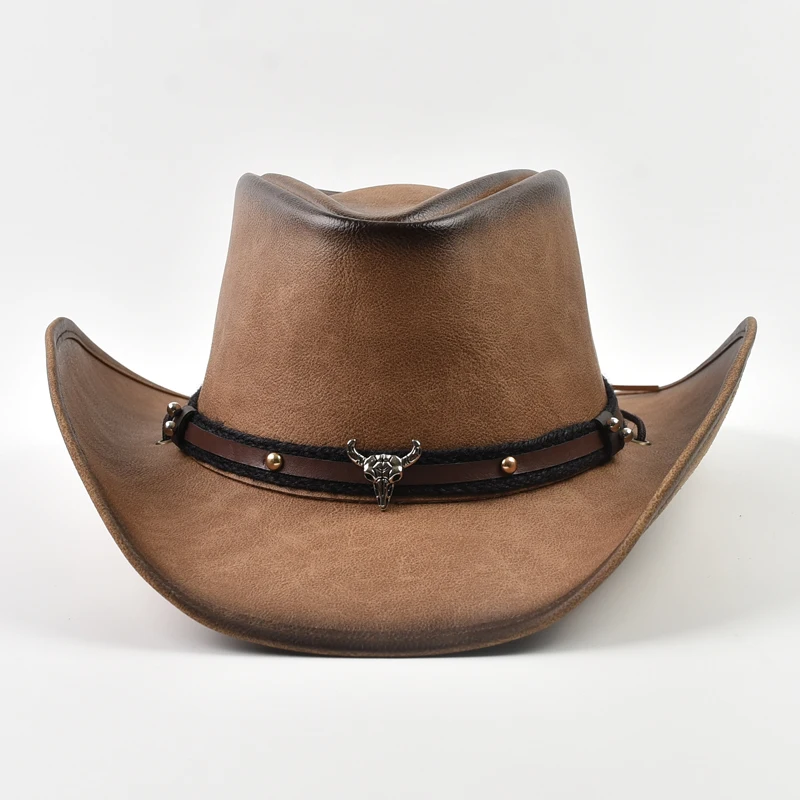 100% Leather Western Cowboy Hat Men Wide Brim Gentleman Church Jazz Cap Cowgirl Hats Sombrero Hombre